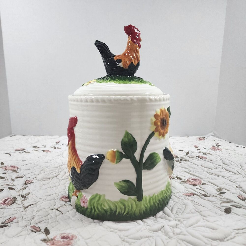 Vintage Ceramic Rooster Sunflower Canister Cookie Jar 3D Farmhouse Ribbed